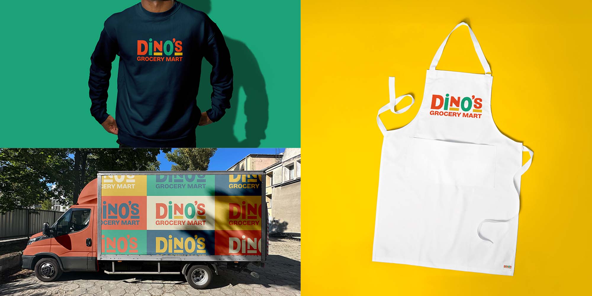 3 images. One with a person wearing a sweater with Dinos logo, another with a Dinos truck and the final an apron with the Dinos logo