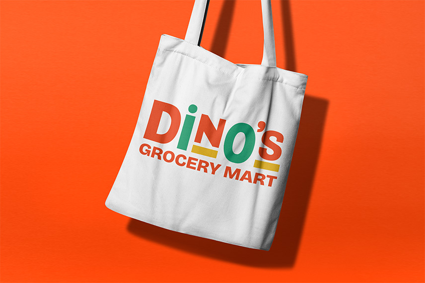 tote bag with Dino's Grocery Mart written on it